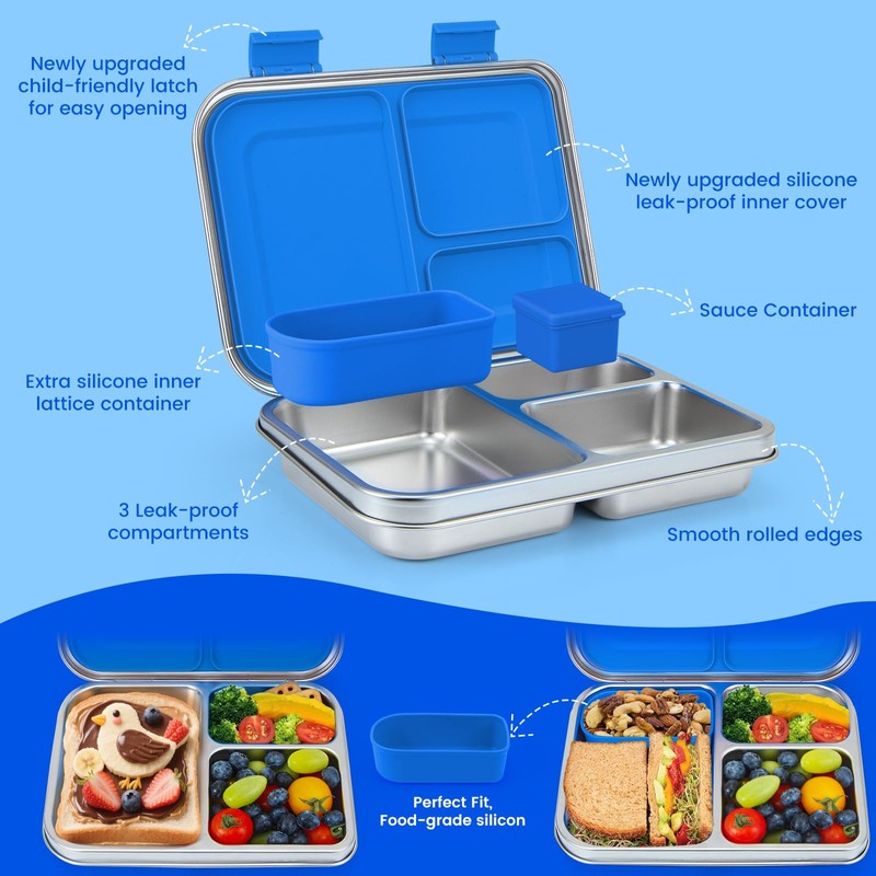 MaMix Stainless Steel Kids Lunch Box, 3 Compartments Leak-Proof Bento