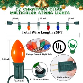 A-OKHOSE C7 Christmas String Lights - 25FT Outdoor Vintage Christmas Lights with 27 Multicolor Ceramic Bulbs - Hanging Christmas Decorations Lights for House Garden Patio Party (Green)