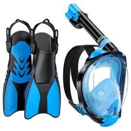 W WSTOO Mask Fins Snorkel Set,Snorkeling Gear for Adults,Full Face Snorkel Mask & Adjustable Swim Fins,Dry Top System Anti-Fog Anti-Leak