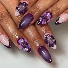 Purple Press on Nails French Tip Fake Nails Medium False Nails Almond with 3D Flower Design Glue on Nails Glossy Acrylic Nails Artificial Nails Full Cover Stick on Nails for Women 24 Pcs
