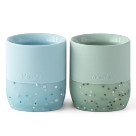 Moonkie Silicone Baby Cups 4 Months+ | Open Training Drinkware for Infants with Confetti Sprinkles | Baby-Led Weaning Essential | 2 oz (Blue/Pink Green, 2 Pack)