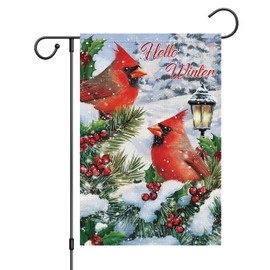 Louise Maelys Hello Winter Garden Flag Double Sided Sonwy Cardinal Bird 12x18 Inch Small Burlap Welcome Holiday Yard Outdoor Flag Outside House Decoration (Only Flag)