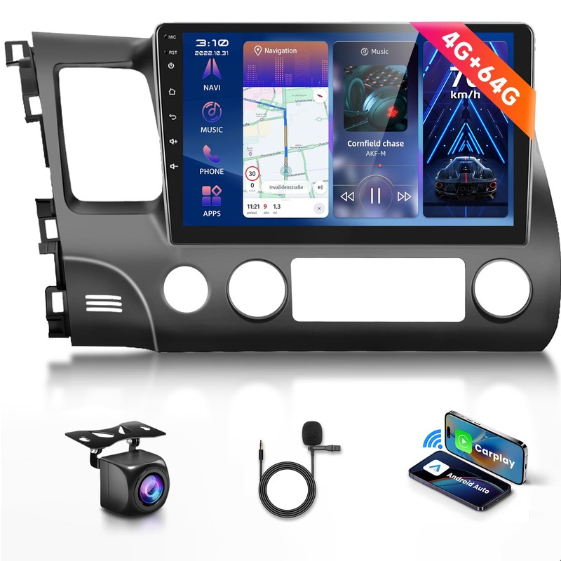 4G+64G Car Radio Stereo for Honda Civic 2006-2011, Wireless CarPlay