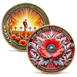 Poppy Military Challenge Coin - Memorial Coin Honoring Fallen Heroes with Poppy and Cross - Veterans Challenge Coin - Patriotic Military Memorabilia Gift