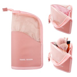 LEEFONE Makeup Brush Organizer Bag, Pink Travel Makeup Brush Holder, High Capacity Portable Waterproof Dust-Free Stand-Up Makeup Brush Holder with Divider for Women Girls, Pink