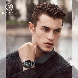 rorios Sports Men's Watches Luminous Wrist Watch Chronograph Quartz Watches Calendar Watches for Men, black silver, Bracelet