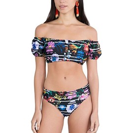 ToBeInStyle Bañador de mujer estilo Bardot con hombros descubiertos, Dos piezas – Floral tropical, XL