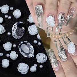 HYWWPFLA Rose Camellia Flowers Nail Charms 3D Flower for Nails White Nail Pearls Nail Rhinestone Gems Resin Floral Nail Art Design Nail Decoration Manicure Accessories (White)