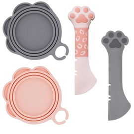 SJANE 4 Pcs Cat Food Can Spoon & Can Covers | Cute Paw Silicone Pet Food Can Opener Spatula & Can Lids | Stainless Steel Wet Food Spoon for Cats and Dogs(Pink+Grey)