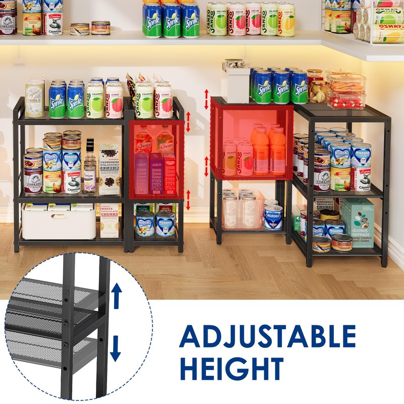 3-Tier Short L Shaped Metal Storage Rack with Height Adjustable