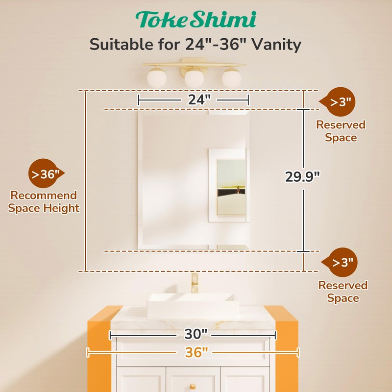 TokeShimi 24x30 Frameless Bathroom Mirror for Over Sink, Tempered Beveled
