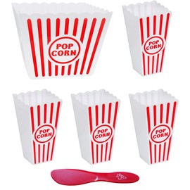 Ja'cor Reusable Popcorn Containers Pack of 5-1 Tubs 4 Buckets- Red White Striped Plastic Vintage Small & Large Classic Bowl for Movie Night Food Snacks Home Party Bundle with 1 Spatula