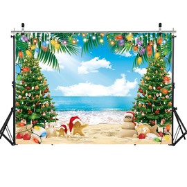 July Christmas Backdrop 8x6FT Summer Beach Christmas Tree Decoration Photography Background Tropical Hawaiian Party Supplies Photo Props