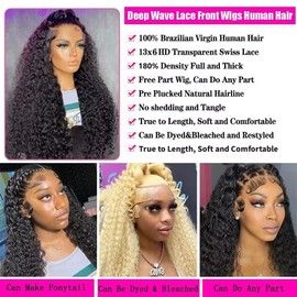 Tuviso 13x6 Deep Wave Lace Front Wigs Human Hair 180 Density Pre Plucked HD Transparent Curly Lace Frontal Human Hair Wig Natural Black Glueless Wigs with Baby Hair for Women 28 Inch