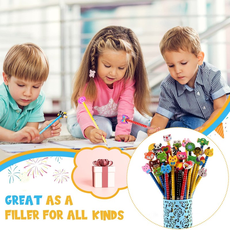 Devenirriche 12Pcs HB Cartoon Pencils with Rubbers, Wooden Graphite Pencils