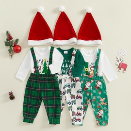 YILEEGOO Newborn Baby Boy Christmas Outfits 3PCS Clothes Set Infant Long Sleeve Romper Cute Pattern Suspender Pants Overalls Baby Xmas Outfits Set (Green, 3-6 Months)
