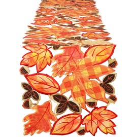 Simhomsen Embroidered Buffalo Checkered Maple Leaves Table Runner for Thanksgiving, Autumn Harvest Decorations (14 × 69 inches)