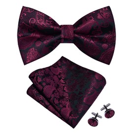 GUSLESON Maroon Bow Tie Pocket Square Set for Wedding Pre-Tied Wine Red Paisley Bowties Handkerchief Cufflinks for Men (0497-18)