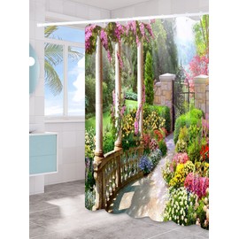 SPXUBZ Shower Curtain The Road Through The Park With Pillars Flower Garden Scenery Pattern Bath Curtain Washable Polyester Fabric Bathroom Curtains with 12 Hooks 72 x 72 Inch