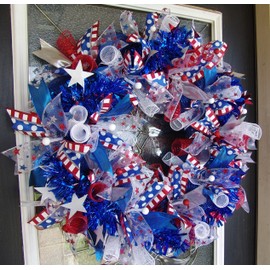 XL Patriotic 4th of July BLING Deco Mesh Front Door Wreath Home Holiday Decor Funky Fun Festive Summer Birthday Party Decor Indoor Outdoor