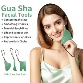 Lusomch 3PC Gua Sha Tools Set - Natural Nephrite Jade Facial & Body Stones, Hypoallergenic Skin Care Kit with Adjustable Cord & A Thoughful Acessory Pouch