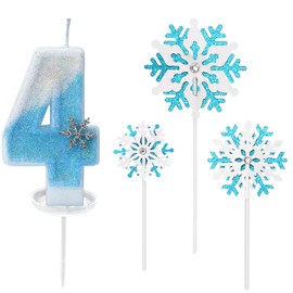Glitzernde Zahlenkerze 4 mit Schneeflocken-Deko –Geburtstagskerze für Mädchen, Kerze 4 Geburtstag Kinder, Kerzen für Kuchen, Blau-weißer 3D-Glitzer & Tropfschutz