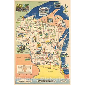 Historic Map - Wisconsin. Badger State. Highways to Adventure 1964 - Vintage Wall Art - 24in x 36in
