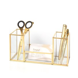 Feyarl Gold Clear Glass Pens Holder Office Supplies Clips Tools Organizer Markers Pen Pencils Note Paper Storage for Office Table