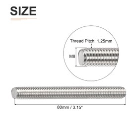 DTGN M8x1.25x80mm(DxPxL) Fully Threaded Rod - 5Pack - Good for Machinery - 304 Stainless Steel Right Hand Thread Rods Bar Studs - Silver