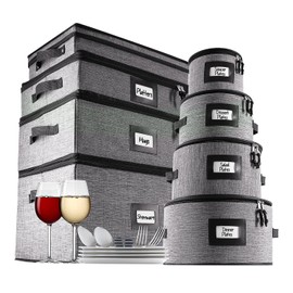 Fine China Storage Containers, 8 Piece Quilted Dish Storage Containers for Flatware & Utensil, Mug, Platter and Wine Glass with Felt Dividers, Durable Dinnerware Dish Organizers for Moving, Grey