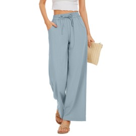 KICZOY Women Summer Pants Flowy Pants Drawstring Waist Wide Leg Palazzo Beach Pants Loose Fit with Pockets Baby Blue