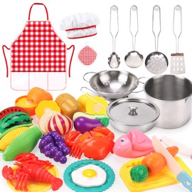 Qizebaby Toys Kitchen Toy Set, Pretend Play Kids Games, Stainless Steel Cookware Pot and Pan Set, Cookware, Apron and Chef Hat, Vegetables and Fruits Chopping, Indoor Play, Indoor Games, Cooking Set with Kitchen Games, Popular Birthday Gift, Christmas Gi