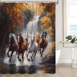 Horse Shower Curtain Fall Waterfall Forest Rustic Wildlife Animal Autumn Vintage Outdoor Brown Horse River Western Country Retro Farmhouse Nature Landscape Bathroom Curtains with Hook,70x70 Inch