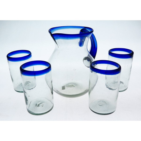 Mexican Glasses and Pitcher, Blue Rim 16 Oz (Set of 4 glasses) Bola or Bowl shape pitcher