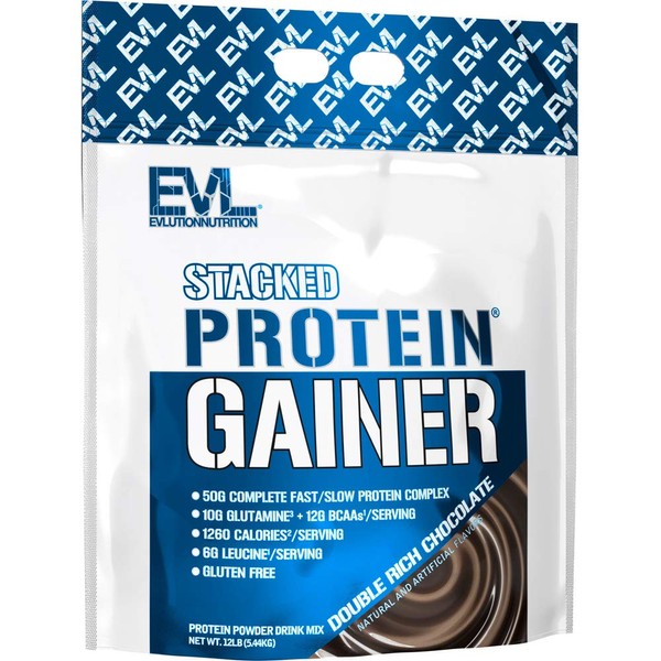 Evlution Nutrition Stacked Protein Gainer, Whey Protein Powder Complex, 50 Grams Protein, 250 Grams Carbohydrates, Build Muscle, Recovery, Post Workout, Gluten-Free (Double Rich Chocolate, 12 LB)