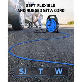 DEWENWILS Extension Cord Reel with 25 FT Power Cord, Hand Wind Retractable, 16/3 AWG SJTW, 4 Grounded Outlets, 13 Amp Circuit Breaker, Blue, Blue Cord, UL Listed