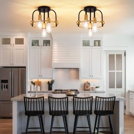 fengkeDU 2Pack 3 Light Farmhouse Ceiling Light Fixture Black Gold Industrial Flush Mount Ceiling Lamp Hallway Light Fixture Close to Ceiling Lighting for Kitchen Living Room Bedroom Foyer Entryway E26
