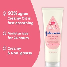 Johnson's Skin Nourish - Aceite cremoso para bebé para piel seca con aroma a coco y madreselva, rico y cremoso aceite corporal para bebés hidrata durante 24 horas y ayuda a prevenir la sequedad, hipoalergénico, 8 onzas líquidas