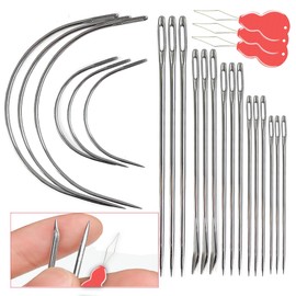 Pikdmin 21+3 Pcs Heavy Duty Hand Sewing Needles Kit, 15 Leather Hand Sewing Needle 6 Curved Needle and 3 pcs Needle threaders for Home Upholstery,Leather Needles for Hand Sewing,Carpet Canvas Repair