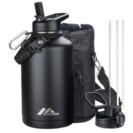 StarSpeed 64oz Insulated Water Bottle with Straws & 2 Lids, Half Gallon Stainless Steel Double Walled Vacuum Water Jug, Large Wide Mouth with Paracord Handle for Gym Camping Hiking, Black