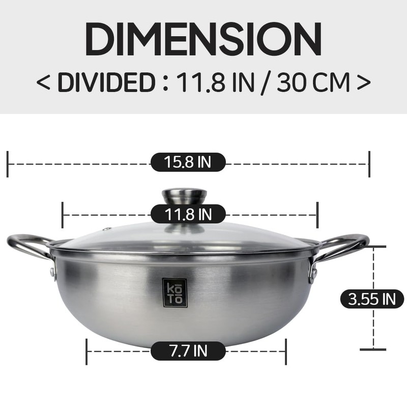 KOTO 304 Stainless Steel Divided Hot Pot – 11”, 4.5L