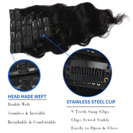 Jreitsere Clip In Hair Extensions for Women Body Wave Clip in Hair Extensions Real Human Hair 8Pcs with 20 Clips Double Weft Natural Black 100g 22 Inch