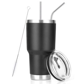 30oz Black Tumbler Stainless Steel Double Wall Vacuum Insulated Mug with Straw and Lid, Cleaning Brush for Cold and Hot Beverages