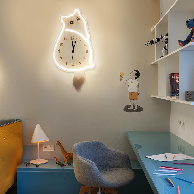 Ragdoll Cat LED Lighted Clock with Swaying Tail - Neon