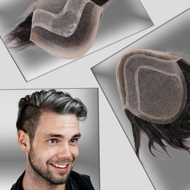 Civmo Men toupee Toupee for Men Wigs Hand Tied Swiss Lace Front with Monofilament and Poly Coating Around European Human Hair Replacement Systems Man Hairpiece 10x8 inches(1B Mixed 20% Grey White