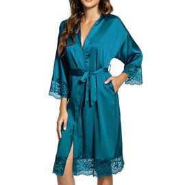Tuopuda Women's Satin Kimono Dressing Gown Summer Nightdress Lace with Pockets Short Robe with Belt Floral Lace Sleepwear Sleepwear for Party Wedding Bride Bridesmaids, blue