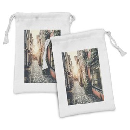 Ambesonne Europe Fabric Pouch Set of 2, Picture of an Old Town at Sunset with Retro Vintage Effect Nostalgia Touristic City, Small Drawstring Bag for Toiletries Masks and Favors, 9" x 6", Multicolor