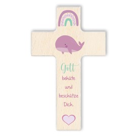 Fritz Cox - Children's Cross Whale, Christian Gift for Children, God Protect and Protect (Brown/Pink, 15 cm)