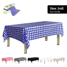 KAshack Plastic Tablecloth Roll,Table Cover with Convenient Slide Cutter Box. Blue Checkered Disposable Tablecloths for BBQ,Party,Birthday,Wedding,Outdoor (Blue White, 54 in X 32.8 Ft)