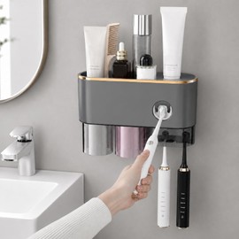 Bathroom Toothbrush Holder —Wall-Mounted Toothbrush Organizer (with Automatic Toothpaste Dispenser), Magnetic Rinse Cup Design, No-Drill Bathroom Vanity Storage Tray (Gunmetal Gray (2 Cups))